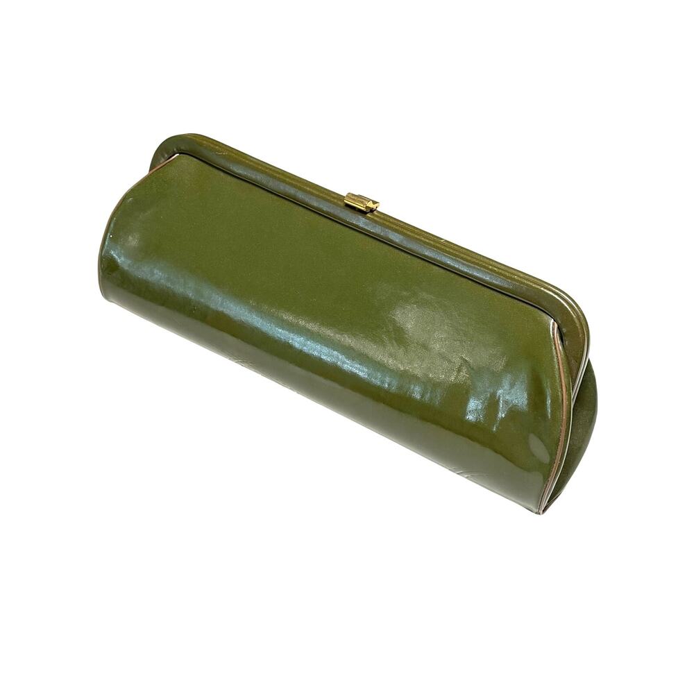 Vintage 1950s/1960s Olive Green Leather Accordion Clutch Bag Warner-Priddy Frame - Picture 7 of 7